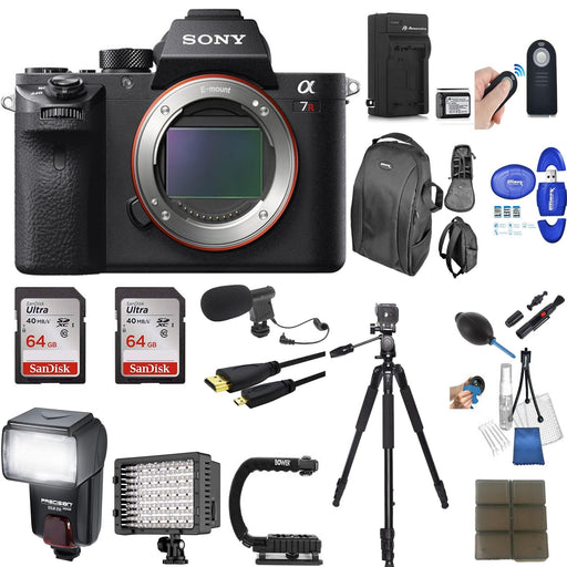 Sony Alpha A7R II 4K Wi-Fi Digital Camera Body with (2x) 64GB Cards + Battery & Charger + Backpack + Flash + LED Light + Microphone + Tripod + Kit
