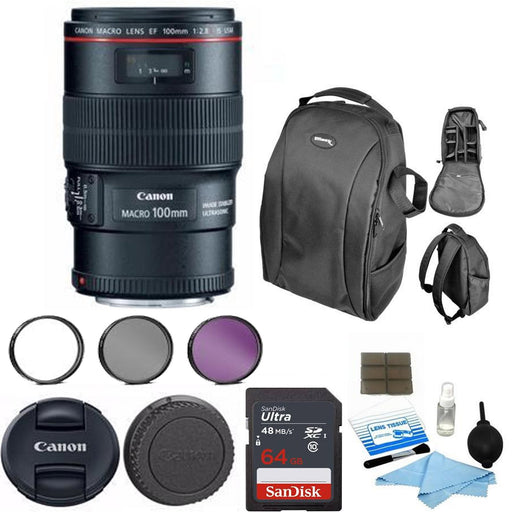 Canon EF 100mm f/2.8L Macro IS USM Lens with Sandisk 16GB | Backpack | Filter Kit & Cleaning Kit