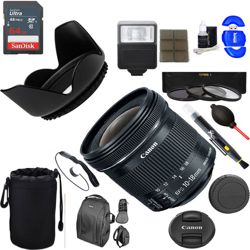 Canon EF-S 10-18mm F4.5-5.6 IS STM Lens + 64GB Ultimate Filter & Flash Photography Bundle