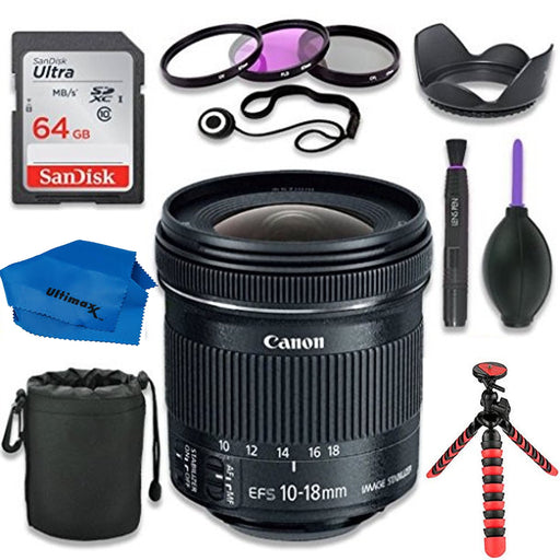 Canon EF-S 10-18mm f/4.5-5.6 IS STM Lens w/ Canon DSLR Cameras & SanDisk 64GB Class 10 Memory Card | Complete Accessory