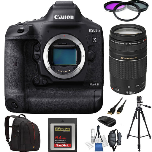 Canon EOS-1D X Mark III DSLR Camera with Canon EF 75-300mm f/4-5.6 III Lens & Essential Kit- Includes: SanDisk 64GB + 72" Tripod | More