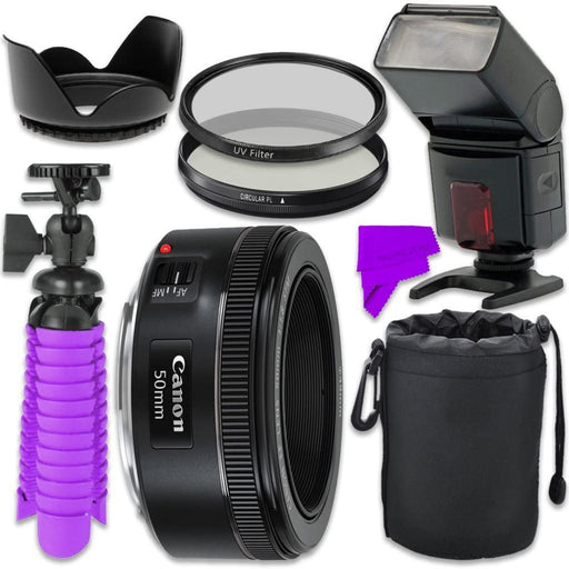 Canon EF 50mm f/1.8 STM Lens with TTL Flash | Filters | Flexible Tripod | Lens Hood | Pouch & Cleaning Kit Bundle