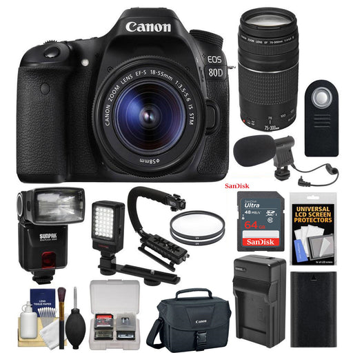 Canon EOS 80D Wi-Fi Digital SLR Camera & EF-S 18-55mm IS STM w/ 75-300mm III Lens + 64GB + Battery + Case + Flash + LED Light + Mic + Stabilizer Kit