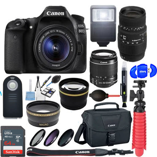Canon EOS 80D CMOS DSLR Camera 18-55mm & 70-300mm Dual Lens Bundle & Accessory Kit
