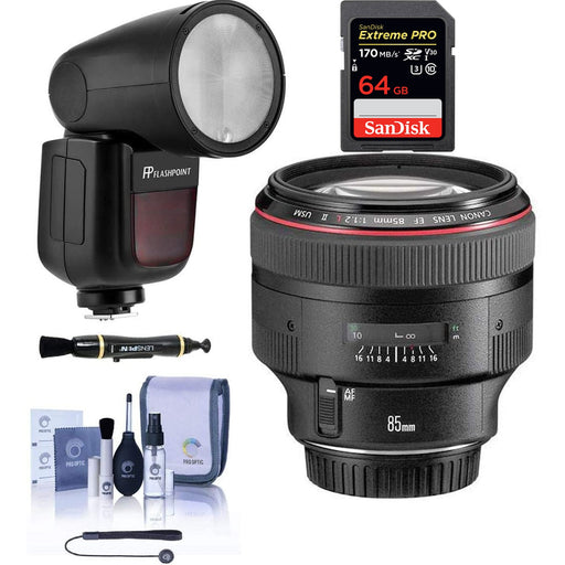 Canon EF 85mm f/1.2L II USM Lens with Flashpoint Zoom Li-on X R2 TTL & Sandisk Extreme Pro 64GB Bundle