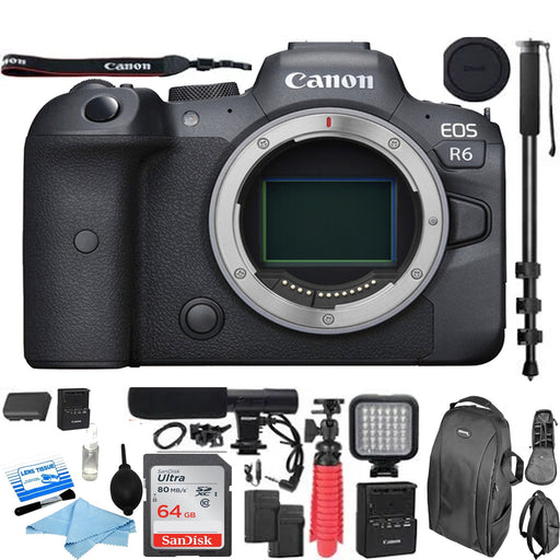 Canon EOS R6 Mirrorless Digital Camera (Body Only) with Microphone | LED Light | Monopod & More Package