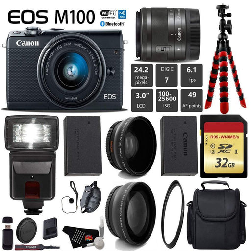 Canon EOS M100 Mirrorless Digital Camera with 15-45mm Lens| Flash | UV FLD CPL Filter Kit | Wide Angle & Telephoto Lens | Camera Case