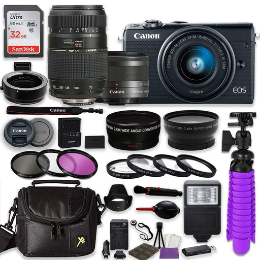 Canon EOS M100 Mirrorless Digital Camera with 15-45mm Lens & Tamron 70-300mm Di LD Lenses | (EF/EF-S to EF-M) Mount Adapter | Gadget Bag Package