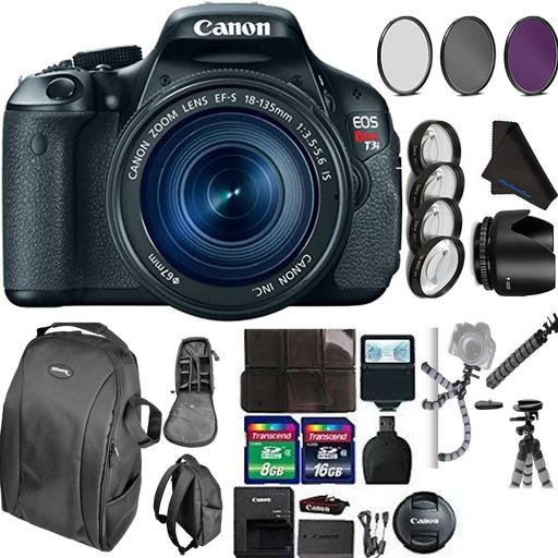 Canon EOS Rebel T3i DSLR Camera with EF-S 18-135mm f/3.5-5.6 IS Lens & 24GB Memory Card | Spider Tripod | Backpack & More Bundle