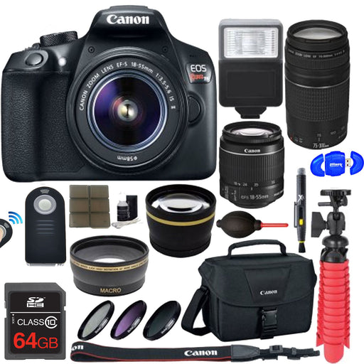 Canon EOS Rebel T6/2000D DSLR Camera with 18-55mm Lens and 75-300mm Lenses| 64GB MC| DSLR Bag |Flash | Tripod & More
