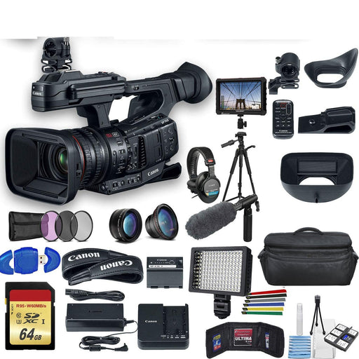 Canon XF705 4K 1" Sensor XF-HEVC H.265 W/ Tripod, Padded Case, LED Light, 64GB MC, Sony Headphones External 4K Monitor, Sony ECM-VG1 Supreme Bundle