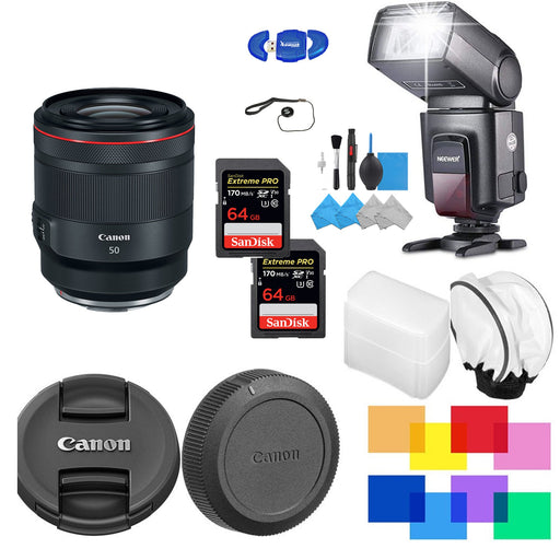 Canon RF 50mm f/1.2L USM Lens with 2x64 GB Universal Pro Flash Bundle