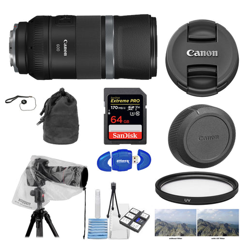 Canon RF 600mm f/11 IS STM 64 GB LensRain Cover | Cleaning Kit & UV Filter Package