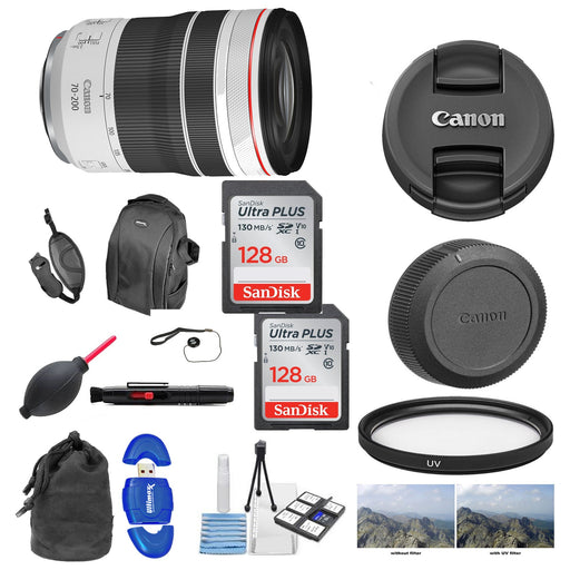 Canon RF 70-200mm f/4L IS USM Lens with Lens With 2x 128GB Sandisk Extreme | Cleaning Kit &amp; UV Filter Package