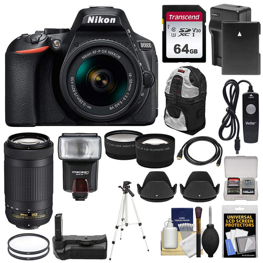 Nikon D5600 Wi-Fi Digital SLR Camera with 18-55mm VR & 70-300mm DX AF-P Lenses + 64GB Card + Case + Flash + Battery & Charger + Grip + Tripod + Kit