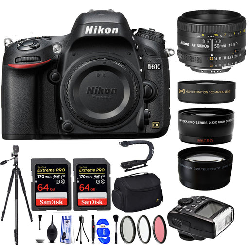 Nikon D610 DSLR Camera with Nikon 50mm 1.8D & 2x Sandisk 64GB Memory cards, Tripod, Case, Flash & More Bundle