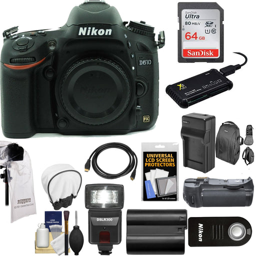 Nikon D610 Digital SLR Camera (Body Only) with Sandisk 64GB Card | Sling Case | Flash | Grip| Battery & Charger & More Bundle
