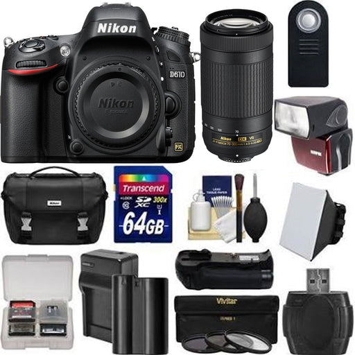 Nikon D610 Digital SLR Camera with Nikon AF-P DX NIKKOR 70-300mm f/4.5-6.3G ED & Battery Grip, Filters, 64GB Memory Card, Flash & More