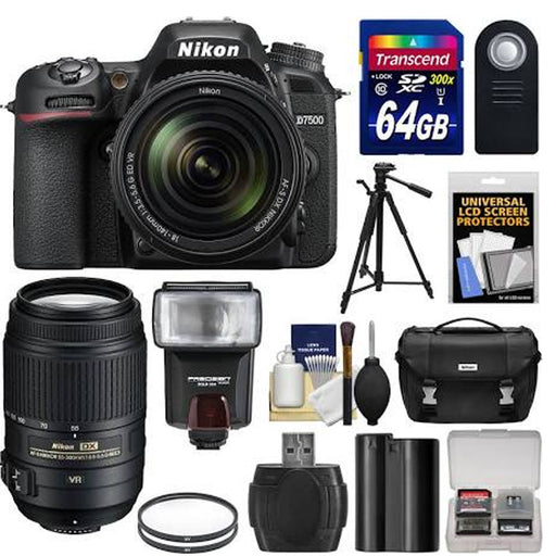 Nikon D7500 Wi-Fi 4K Digital SLR Camera with 18-140mm & 55-300mm VR DX Lens + 64GB Card + Battery + Case + Tripod + Flash + Filters + Kit