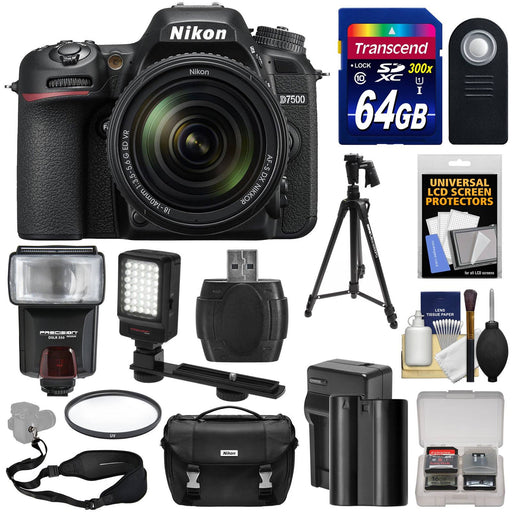 Nikon D7500 4K Digital SLR Camera & 18-140mm VR Lens with 64GB Card, Battery & Charger, Case, Tripod, Flash, LED Video Light Kit