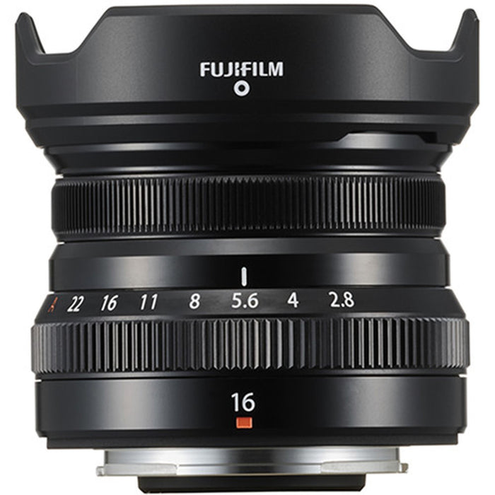 FUJIFILM XF 16mm f/2.8 R WR Lens (Black) with Starter Accessory Bundle: 64gb Memory Card, Fugifilm Lens Hood &amp; Cleaning Kit