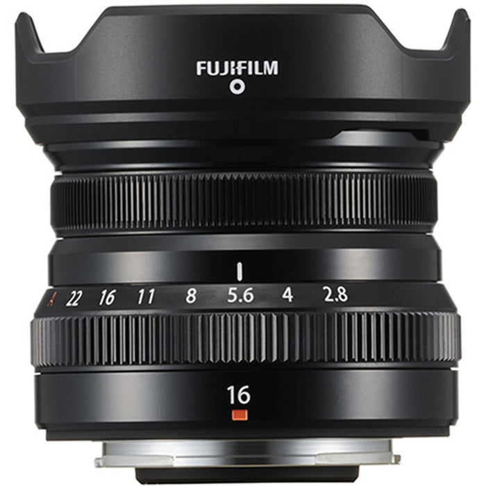 FUJIFILM XF 16mm f/2.8 R WR Lens (Black) with Starter Accessory Bundle: 64gb Memory Card, Fugifilm Lens Hood &amp; Cleaning Kit