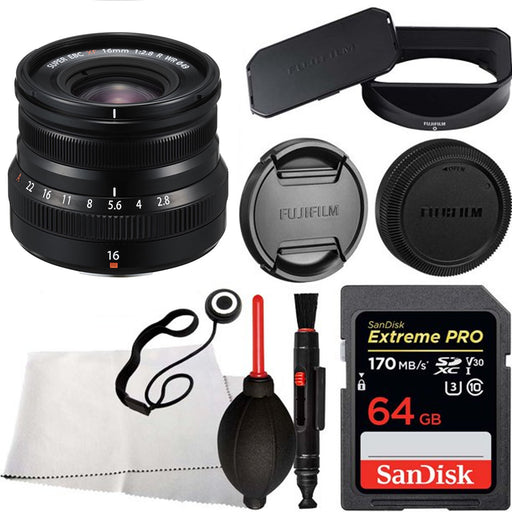 FUJIFILM XF 16mm f/2.8 R WR Lens (Black) with Starter Accessory Bundle: 64gb Memory Card, Fugifilm Lens Hood &amp; Cleaning Kit