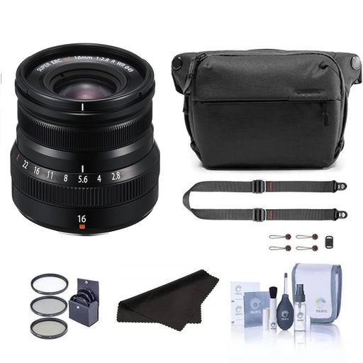 FUJIFILM XF 16mm f/2.8 R WR Lens (Black) with Peak Slide Strap Pack + Accessory Bundle