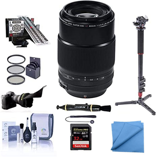 FUJIFILM XF 80mm f/2.8 R LM OIS WR Macro Lens Bundle with Calibration System, Tripod, Flex Lens Shade, 32gb Memory Card and More