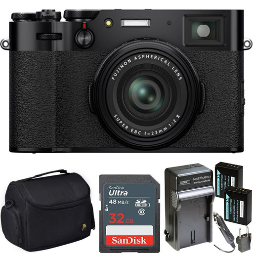 FUJIFILM X100V Digital Camera (Black) with Case | Sandisk 32GB Memory Card | 2x Spare Batteries & AC/DC Charger Bundle
