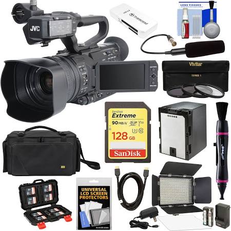 JVC GY-HM200U/250 Ultra 4K HD 4KCAM Professional Camcorder & Top Handle Audio Unit with XLR Microphone 128GB Card Battery Case LED Video Light Kit