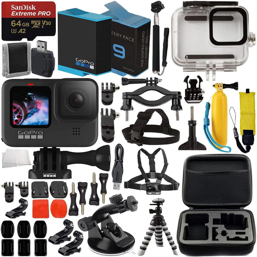 GoPro HERO9 Black Premium Bundle SanDisk Extreme Pro 64GB microSD Memory Card, Spare Battery, Underwater Housing, Carrying Case, & Much More