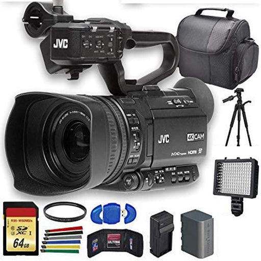 JVC GY-HM180 Ultra HD 4K Camcorder with HD-SDI GY-HM180U |Extra Battery, UV Filter, Tripod, Padded Case, LED Light, 64GB MC & More Starter Bundle