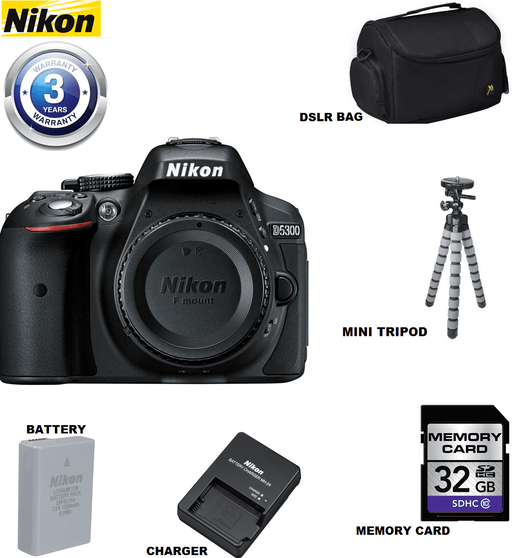 Nikon D5300/D5600 DSLR Camera (Body Only, Black) with Sandisk 32GB | Spider Tripod | Case & 3 Year Extended Warranty