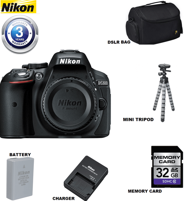 Nikon D5300/D5600 DSLR Camera (Body Only, Black) with Sandisk 32GB | Spider Tripod | Case & 3 Year Extended Warranty