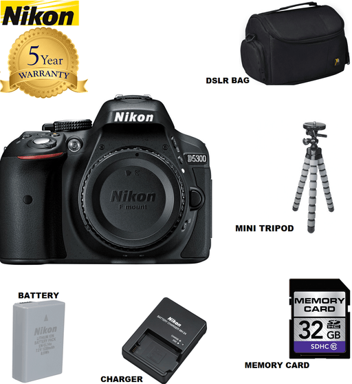 Nikon D5300/D5600 DSLR Camera Body Only - Black USA with Sandisk 32GB | Spider Tripod | Case & 5 Year Extended Warranty