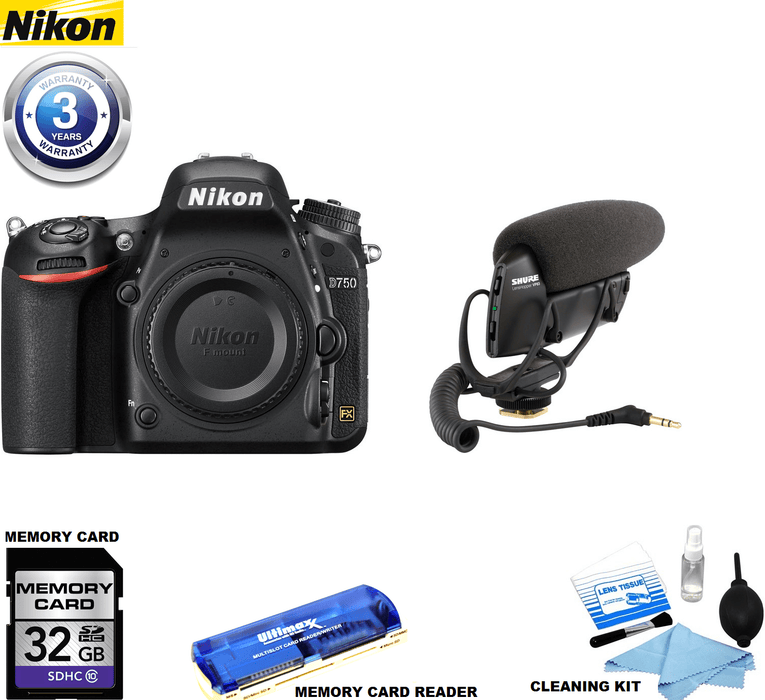 Nikon D750 DSLR Camera (Body Only) with Shure VP83 Microphone | Sandisk 32GB | Card Reader | Cleaning Kit & 3 Year Limited Warranty Bundle