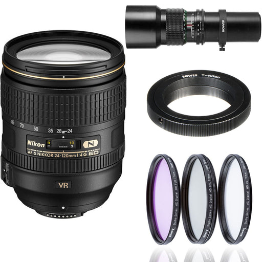 Nikon AF-S NIKKOR 24-120mm f/4G ED VR Zoom Lens with 500mm Preset Lens | T-Mount Adapter & 77mm Filter Kit