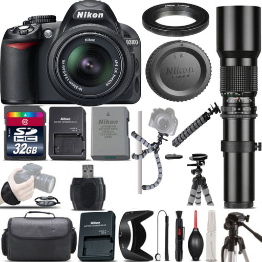 Nikon D3100/D3500 Digital SLR Camera with 18-55mm VR Lens &amp; 500mm Telephoto Lens -32GB Deluxe Bundle