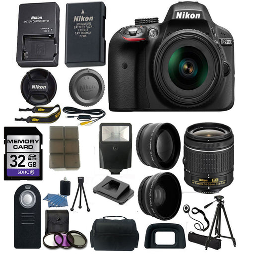 Nikon D3300/D3500 DSLR Camera with 18-55mm Lens (Black) |Wide Angle &amp; Telephoto Lens|Tripod|Camera Case|32GB Card|Wireless Remote|Deluxe Bundle Kit
