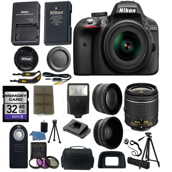 Nikon D3300/D3500 DSLR Camera with 18-55mm Lens (Black) |Wide Angle &amp; Telephoto Lens|Tripod|Camera Case|32GB Card|Wireless Remote|Deluxe Bundle Kit