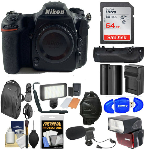 Nikon D500 Wi-Fi 4K Digital SLR Camera Body with 64GB Card + Backpack + Flash + LED Light + Mic + Battery & Charger + Grip + Kit