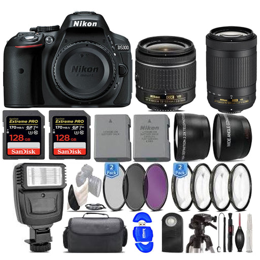 Nikon D5300/D5600 DSLR Camera with 18-55mm and 70-300mm VR Lenses | 2x Sandisk Extreme Pro 128GB Cards | Case | Battery | Charger | Filters & More