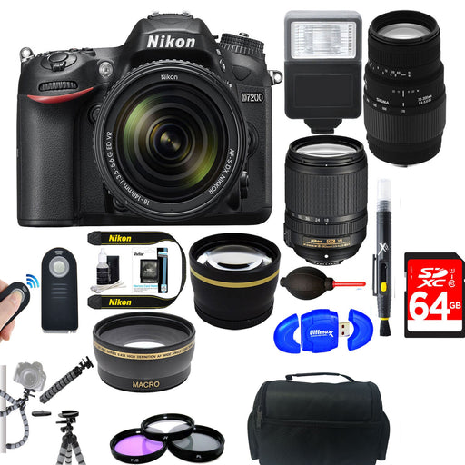Nikon D7200/D7500 Digital SLR Camera with 18-140mm VR & 70-300mm f/4-5.6 SLD DG Macro Telephoto Lens + Accessory Bundle