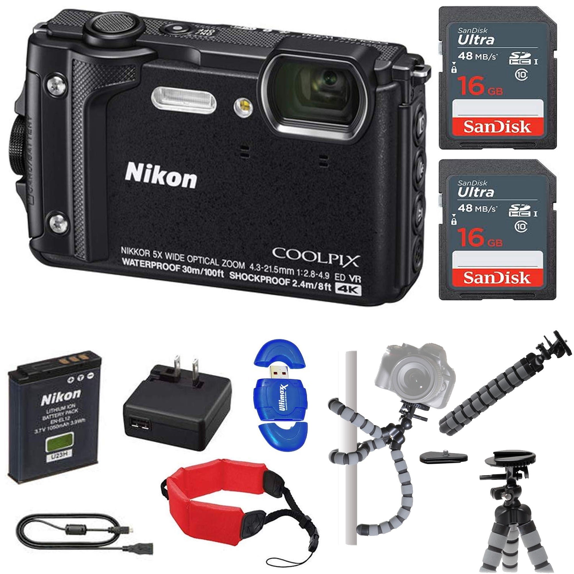 Nikon COOLPIX W300 Digital Camera (Black) with 2x 16GB Memory