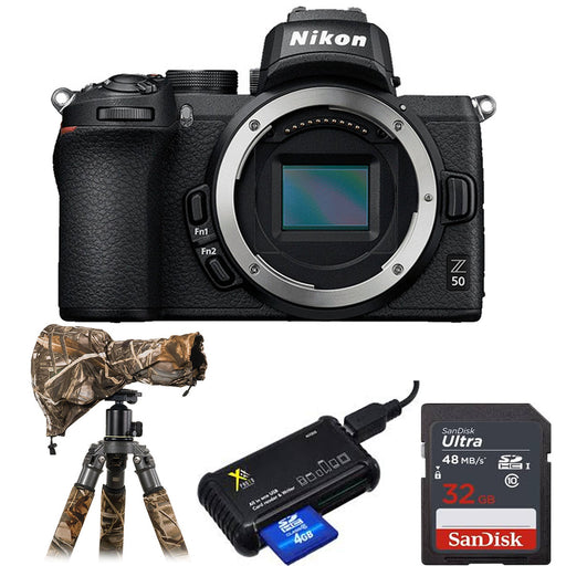 Nikon Z50 Mirrorless Digital Camera (Body Only) with Rain Protection | Sandisk 32GB Memory Card & Card Reader Bundle