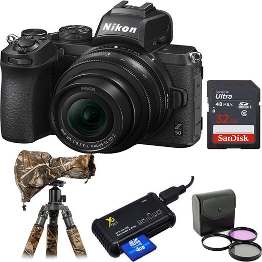 Nikon Z50 Mirrorless Digital Camera with 16-50mm with Rain Protection | Sandisk 32GB Memory Card & Card Reader | Filter Kit Bundle