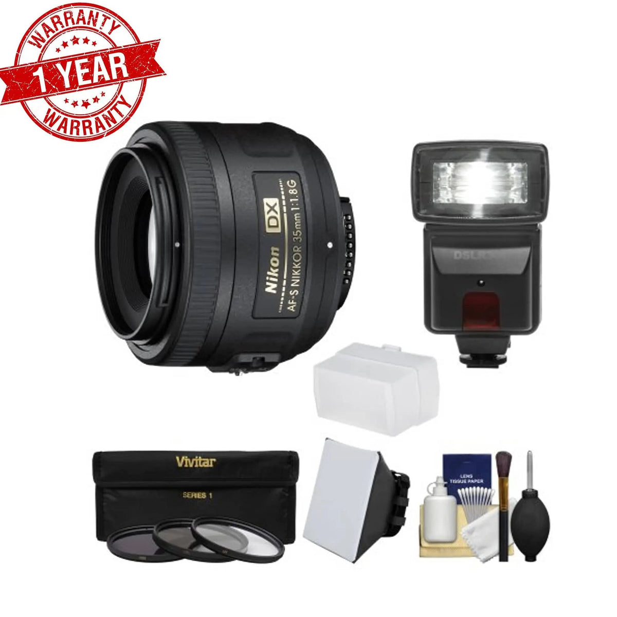 Nikon AF-S 35mm f/1.8 G DX AF-S Nikkor Lens with 3 Filters Flash 
