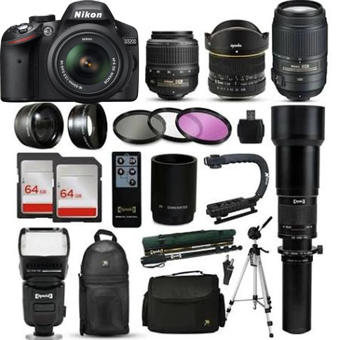 Nikon D3200/D3500 DSLR Digital Camera | 18-55mm VR | 6.5mm Fisheye | 55-300mm VR | 500mm Supreme Essential Bundle