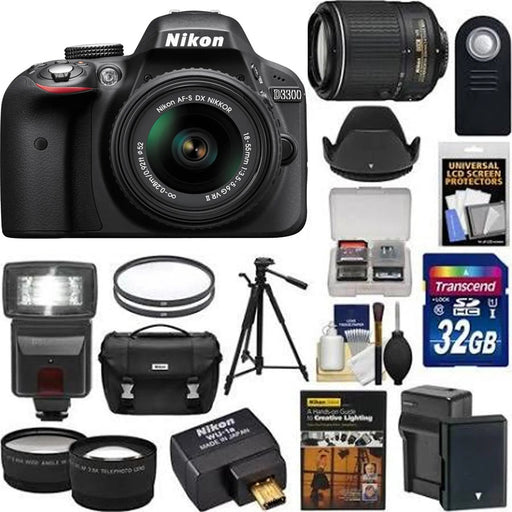Nikon D3300/D3500 DSLR Camera with 18-55mm Lens & Nikon 55-200mm VR Lens | Nikon WU-1A | Sandisk 32GB | Flash & More